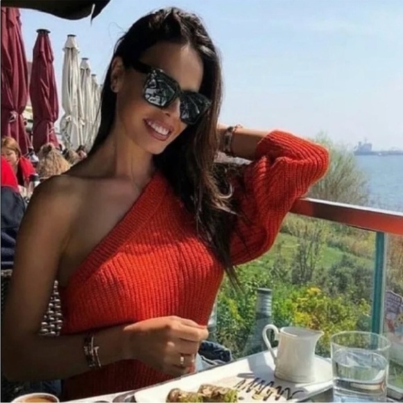 Zara Knit one arm sweater Medium bright orange one shoulder cut out blogger fave - Picture 11 of 11